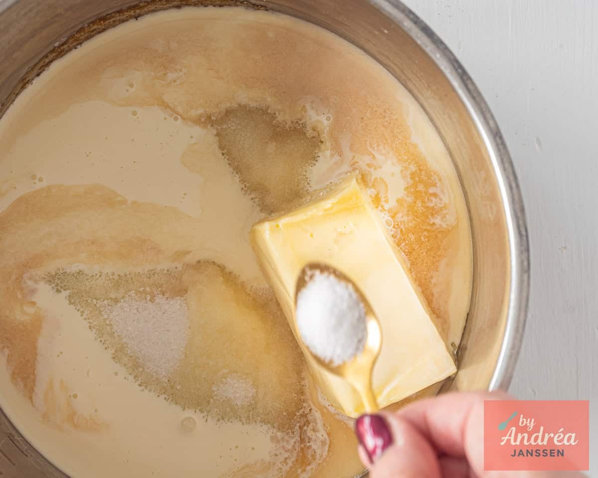 Add cream, salt and butter to the caramel in the saucepan