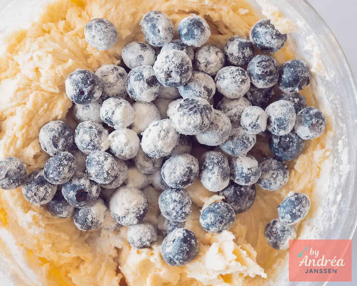 Mix the blueberries through the batter.