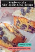 A slice of blueberry cake with vanilla frosting. A caption reads: Blueberry Cake with Cream Cheese Frosting.