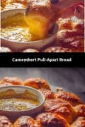 Two pics with part of a camembert break bread. A text in between: Camembert pull apart bread