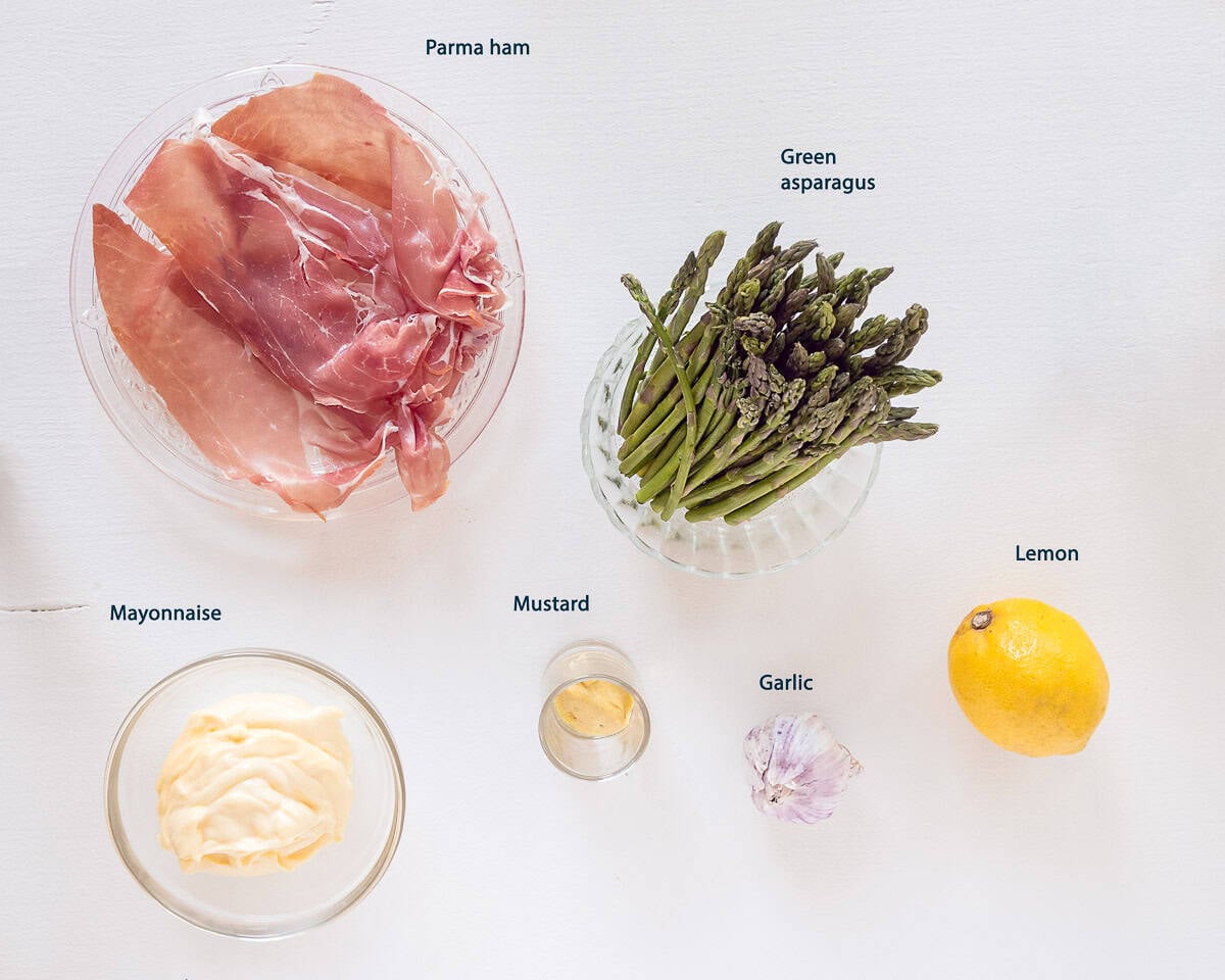 Ingedients Green Asparagus Wrapped in Parma Ham on a white background with text description