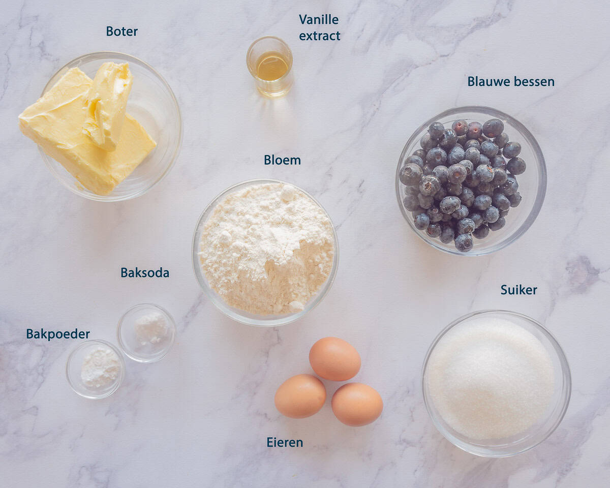 Ingredienten Blauwe Bessen Cake op een wit marmeren ondergrond met tekstbeschrijving.