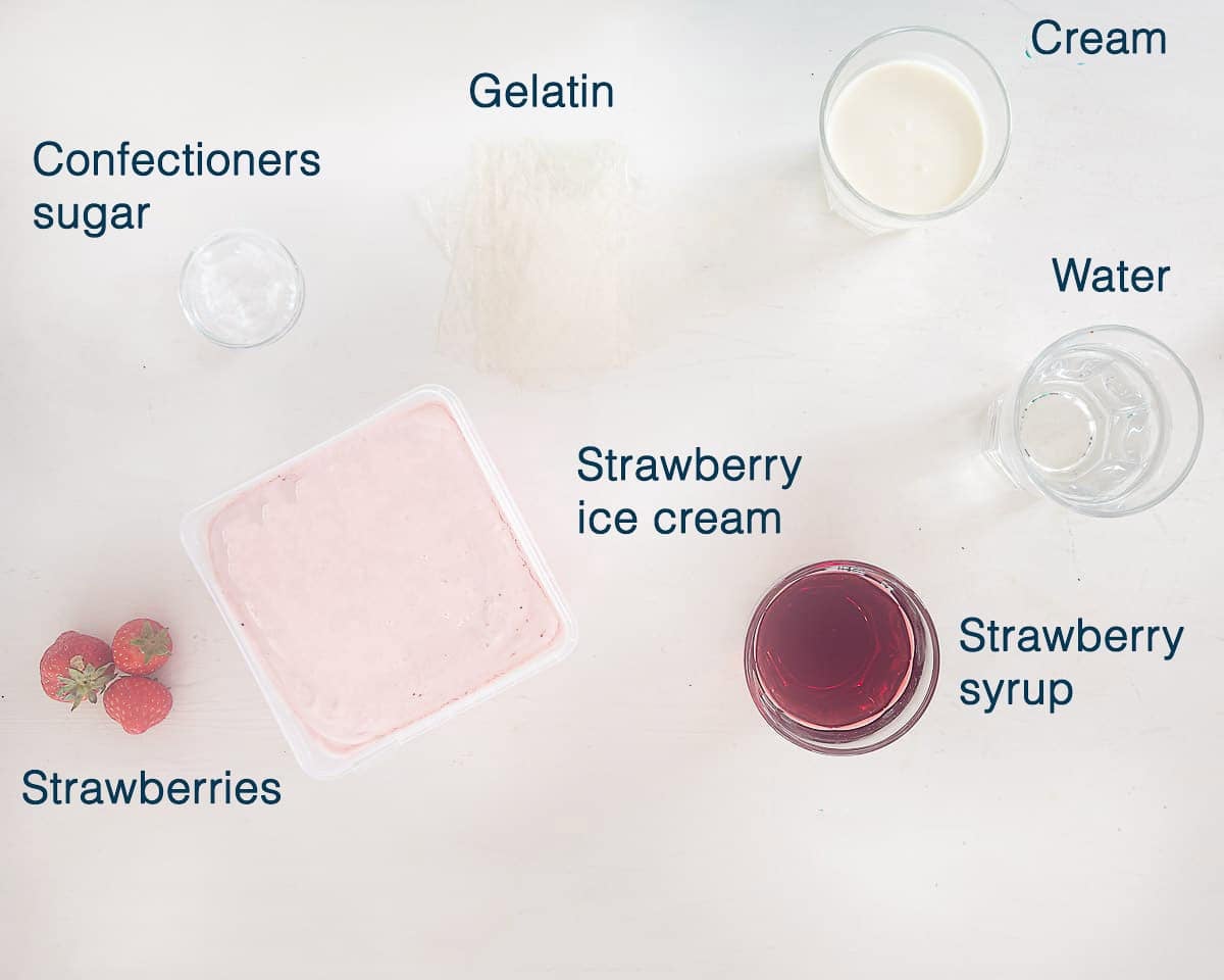 Ingredients Kids Christmas Dessert with Strawberries and Ice Cream on a white background with text description