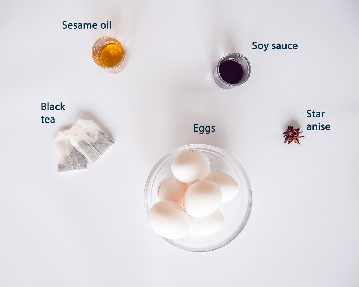 Ingredients Tea Eggs Recipe on a white background with text description