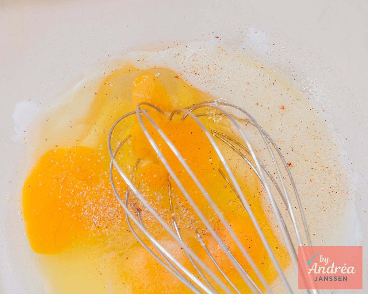 In a glass bowl mix eggs with yogurt and other liquids