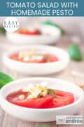 White plates with tomatoes, pesto and cheese. Text: easy recipe, tomato salad with homemade pesto