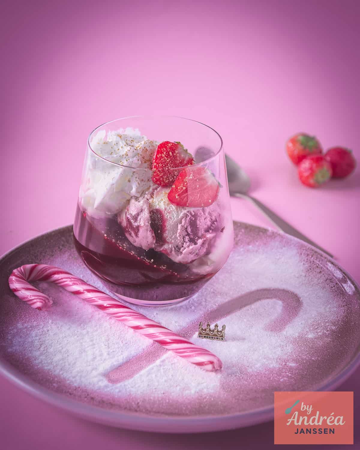 Strawberry Christmas Dessert with Jelly, Ice Cream and Cream