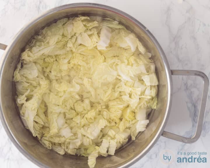 Cabbage being blanched in water.