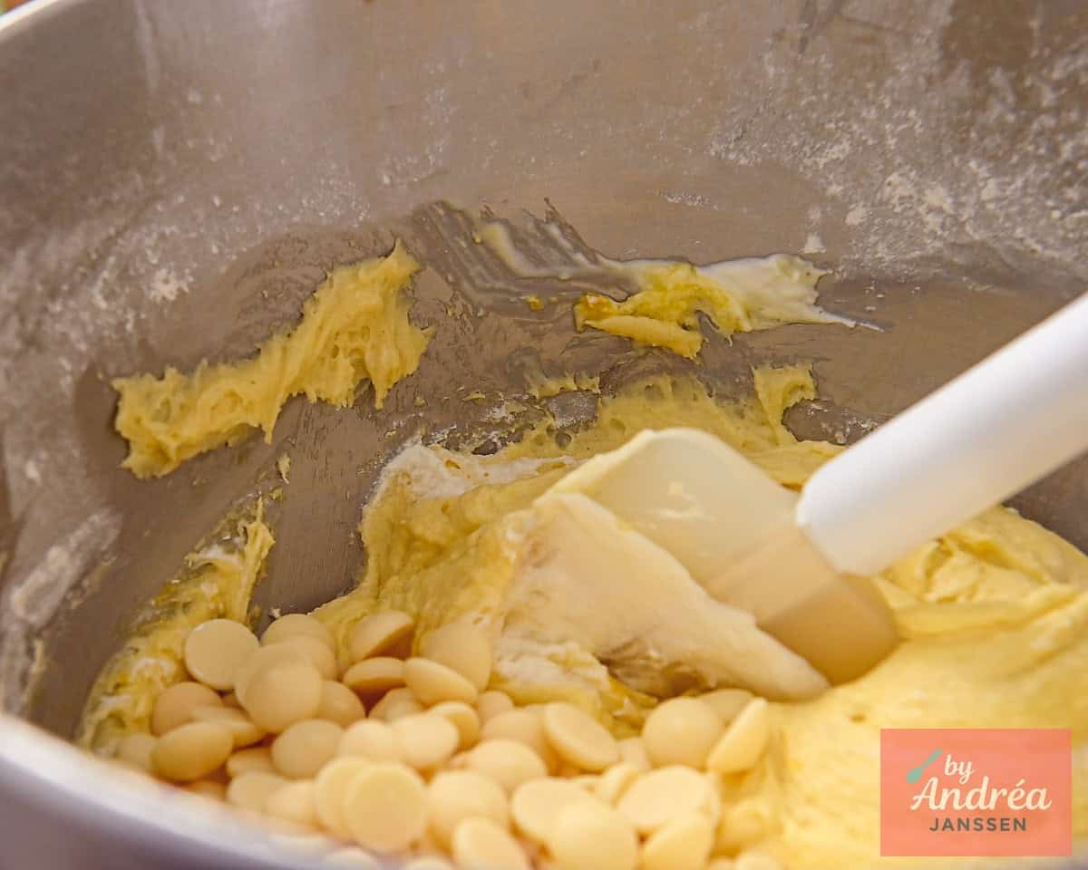 White chocolate is mixed into the cake batter.