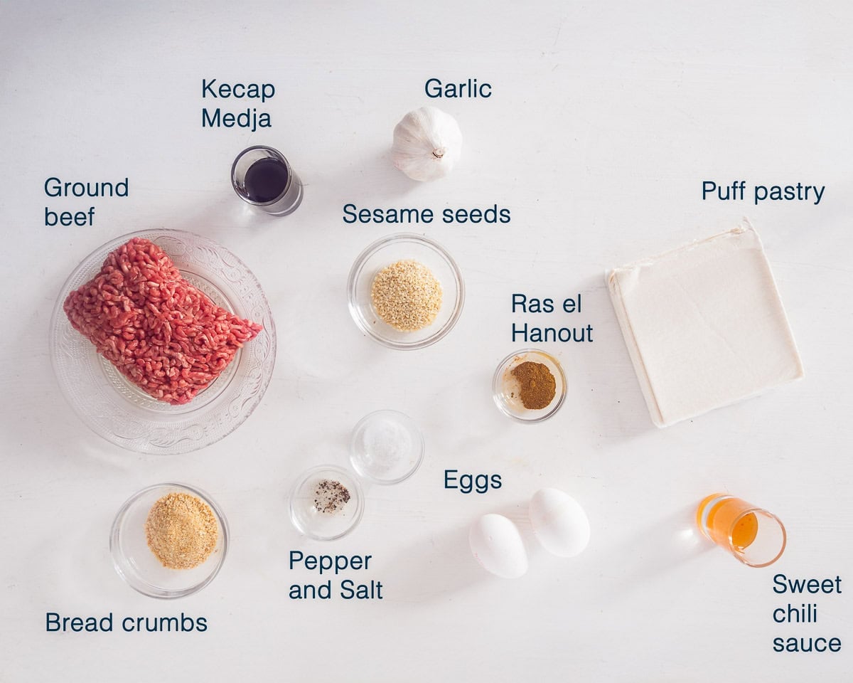Ingredients Oriental Sausage Roll, a white background and text description