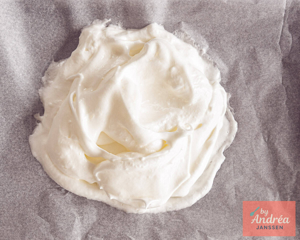 A pile of stiffened egg whites on baking paper