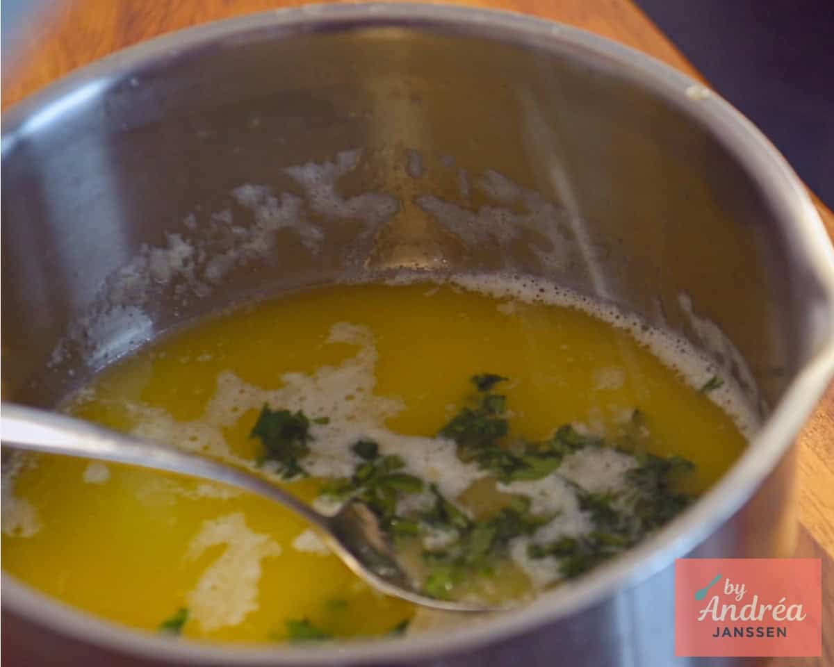 Melted butter with squeezed garlic, parsley and Maldon salt for garlic butter