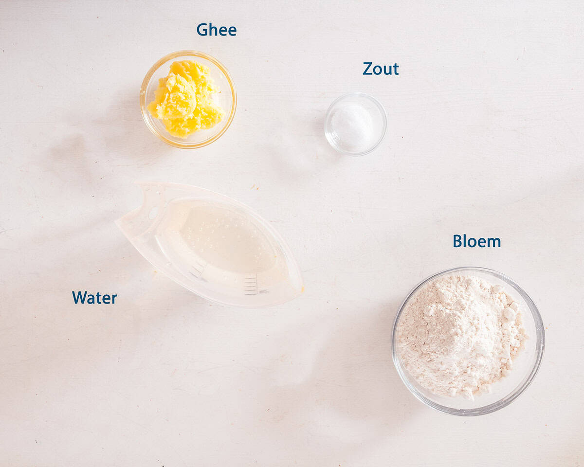 Ingredienten deeg Katmer pie op een witte ondergrond met tekstbeschrijving