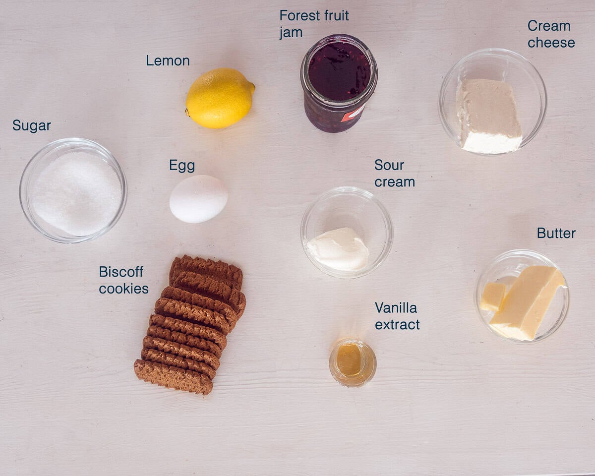 Ingredients Mini Cheesecakes with Forest Fruit Jelly on a white background with a text dexription