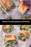 Two pictures above each other with cubes katmer pie scattered around. A text in between: Katmer pie with spinach and ricotta