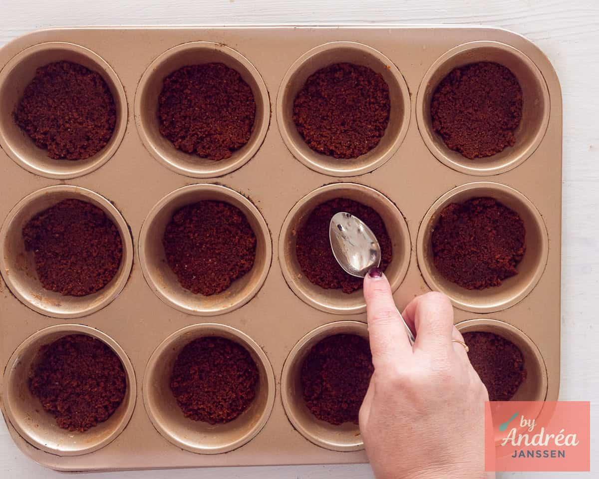Press the cookie base into the muffin tin