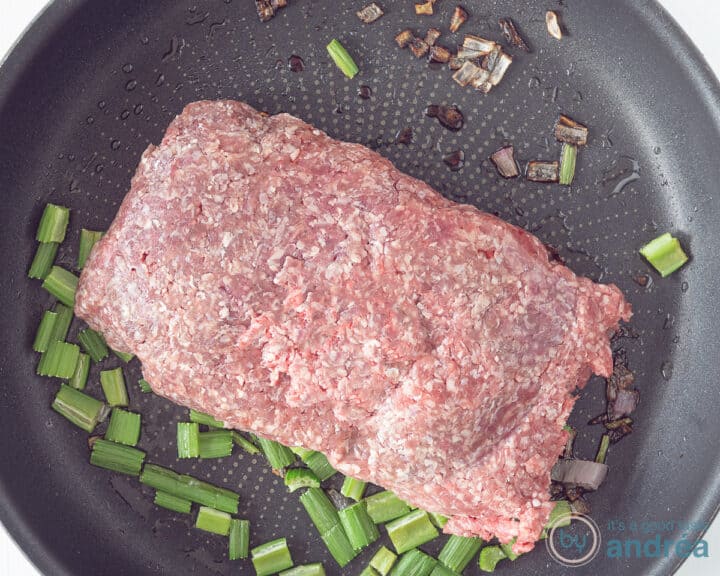 A frying pan with onion, garlic and celery, and minced beef.