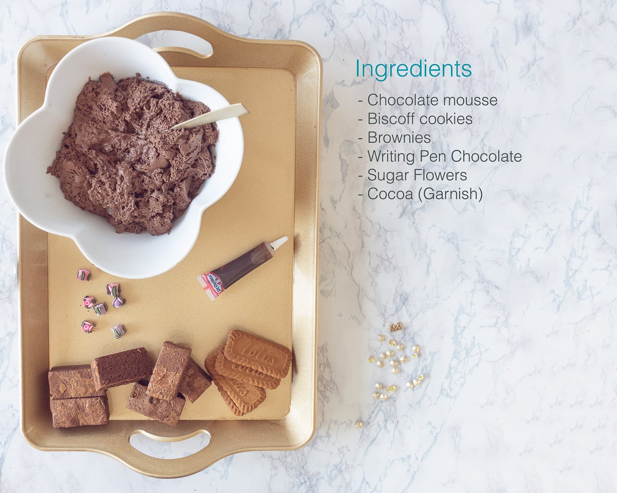 Ingredients Easy Chocolate Mouse Graveyard on a golden tray on the left, on the right the ingredients are individually text labelled