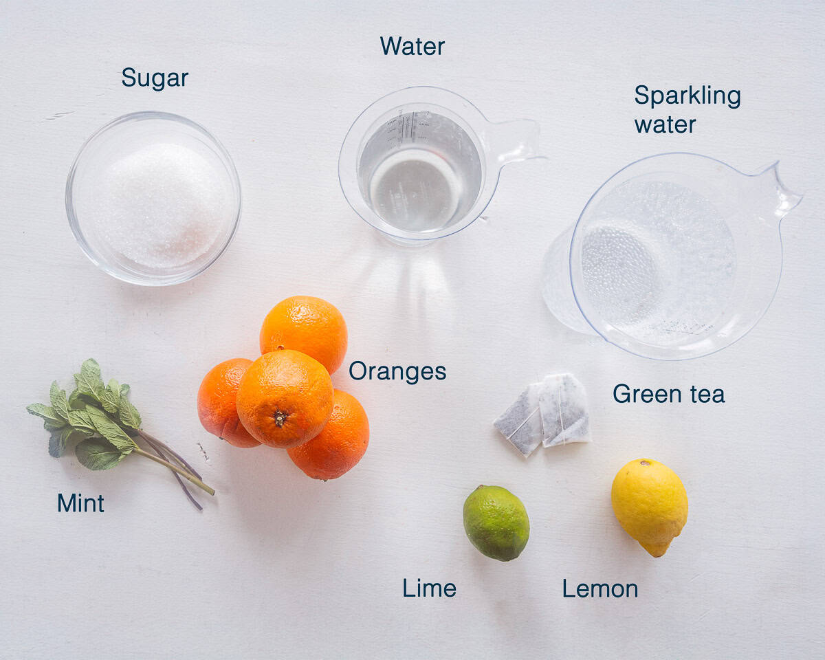 Ingredients Homemade orange ice tea on a white background with text description