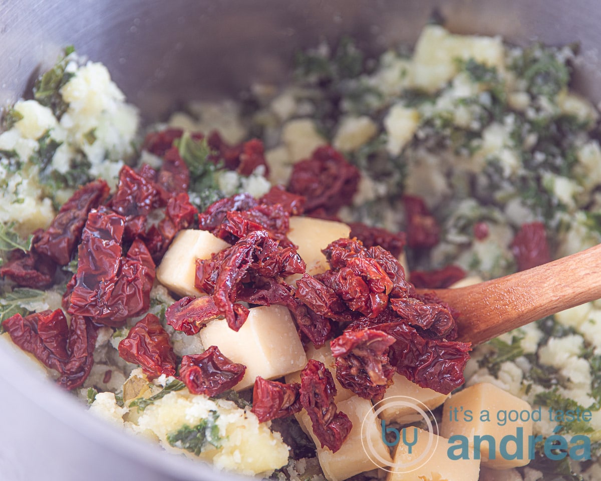 sun-dried tomatoes, cheese added to kale potato mash