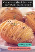Three hasselback potatoes with thyme on a pink plate. A text at the top reads: Crispy Hasselback Potatoes – Easy Oven-Baked Recipe