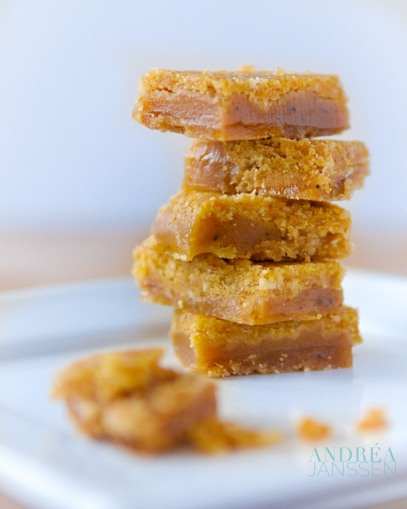 Caramel praline toffees stacked on a plate