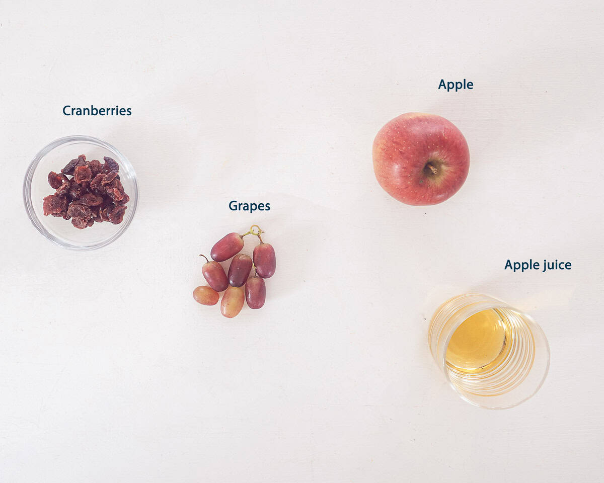 Ingredients Apple cranbery smoothie white background text displayed