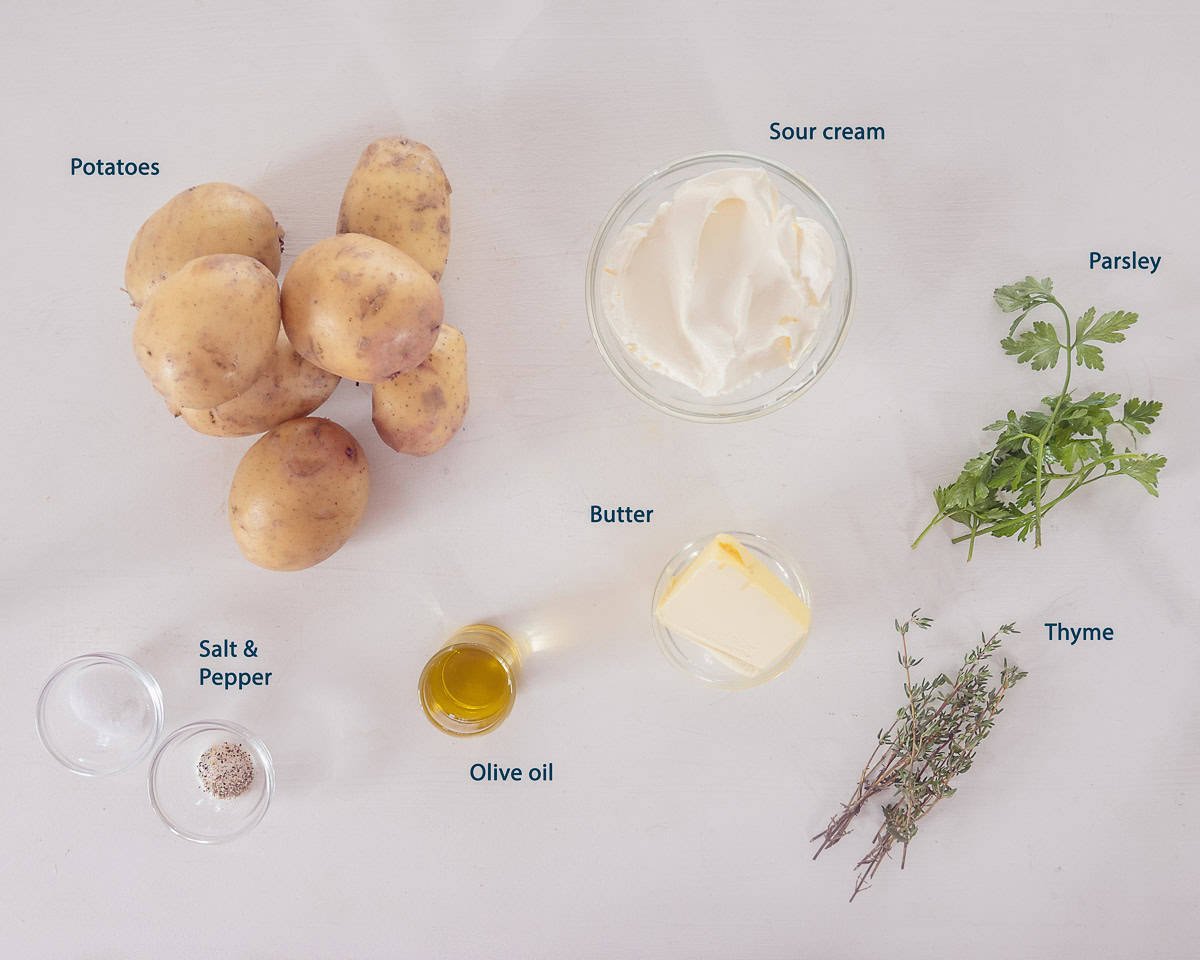 Ingredients Hasselback Potatoes Recipe on a white background with a text description