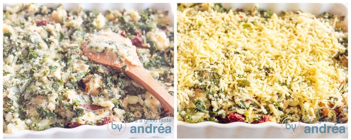 a casserole dish filled with kale and potato and then topped with grated cheese