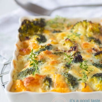 Broccoli frittata with Mozzarella in a white casserole dish on a white background. In the back a spoon