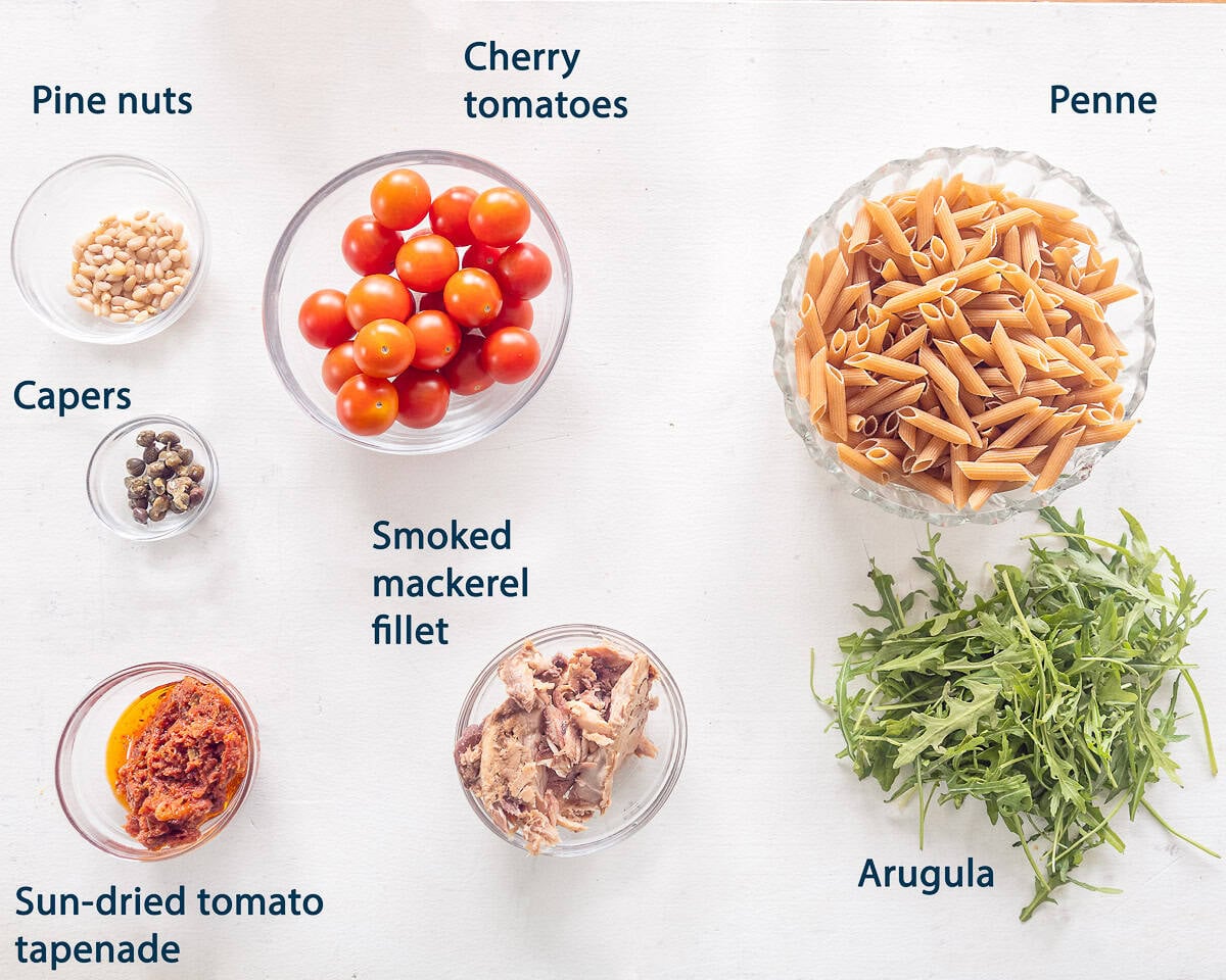 Ingredients Smoked Mackerel Pasta with Tomato Tapenade on a white background with text description