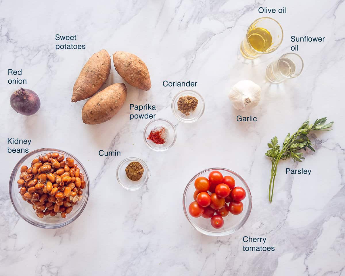 Ingredients filling vegetarian taco on a marbled white background with text description