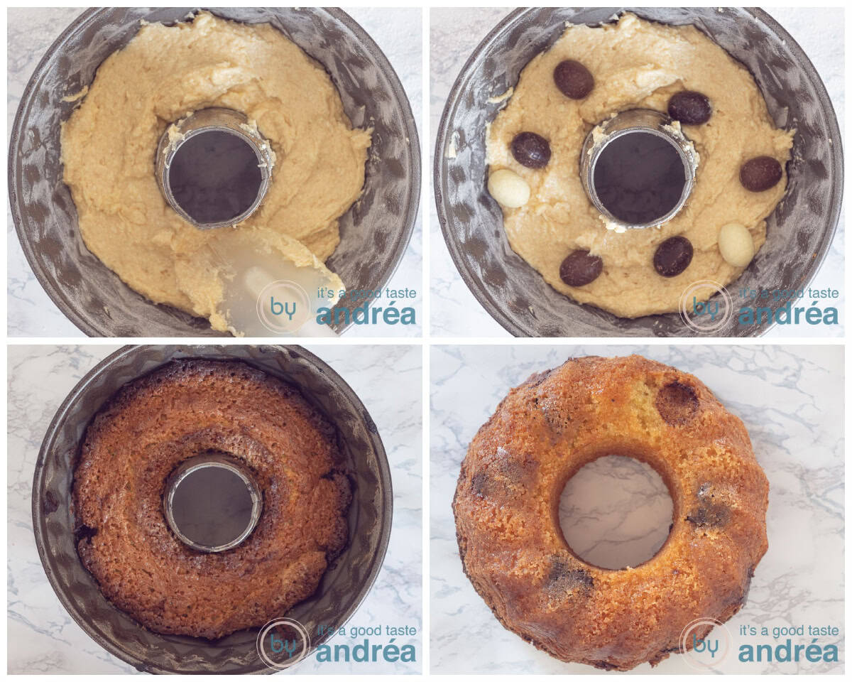 Put the batter in the tin, top with chocolate eggs and bake in the oven