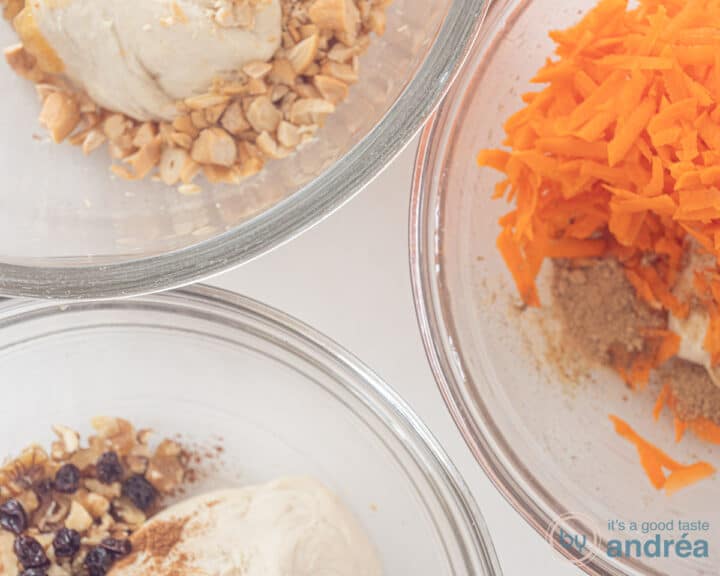 Three bowls of dough supplemented with three different fillings