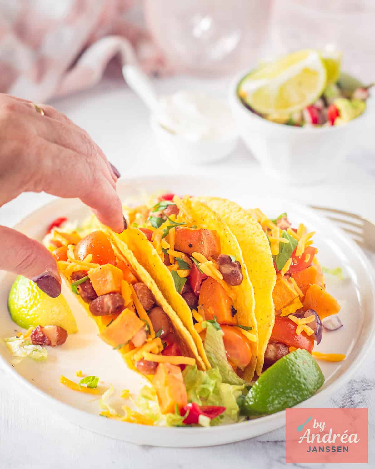 Veggie Tacos with Sweet Potato, Beans and Avocado Salsa
