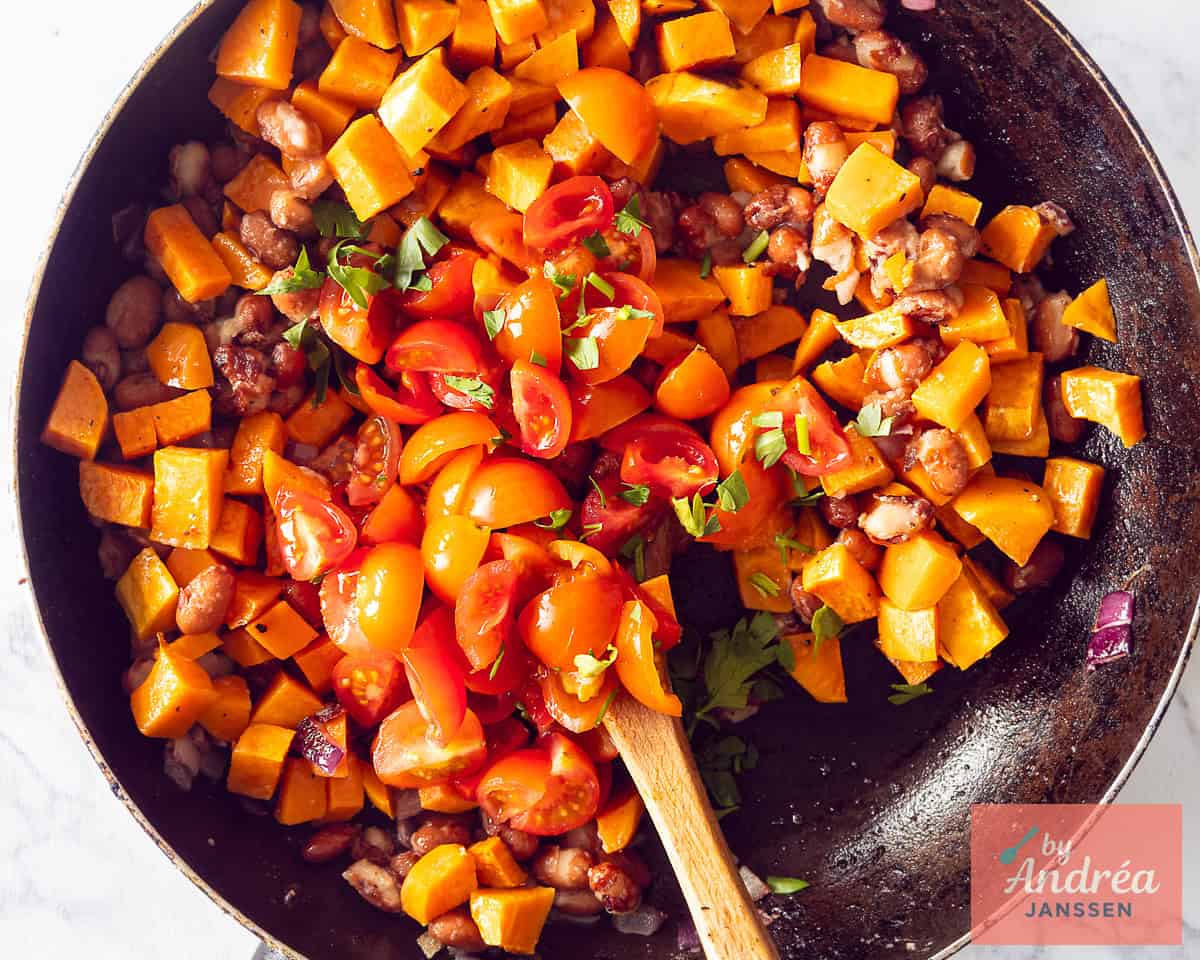 Frying the vegetarian taco filling in a skillet