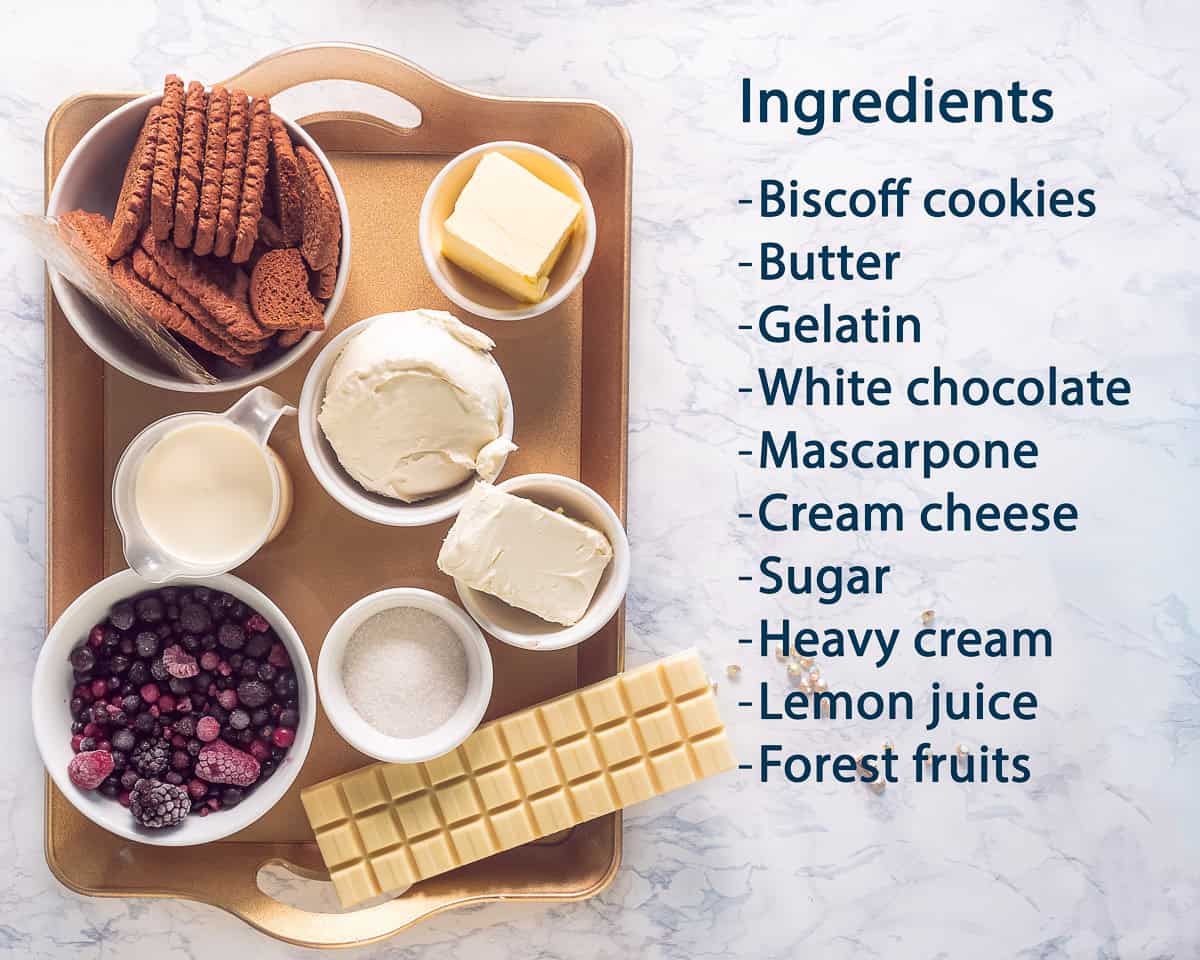 Ingredients White Chocolate Forest Fruit Cheesecake, on a marbled white background with a text description