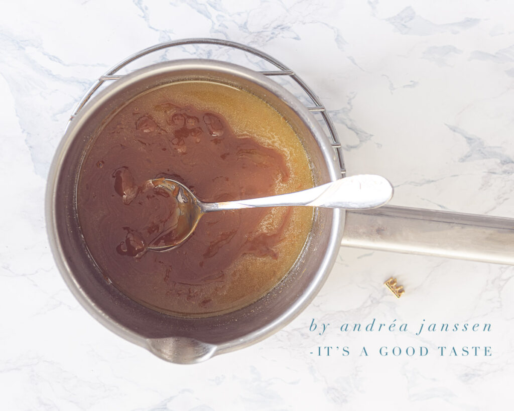 Warm caramel and butter in a saucepan