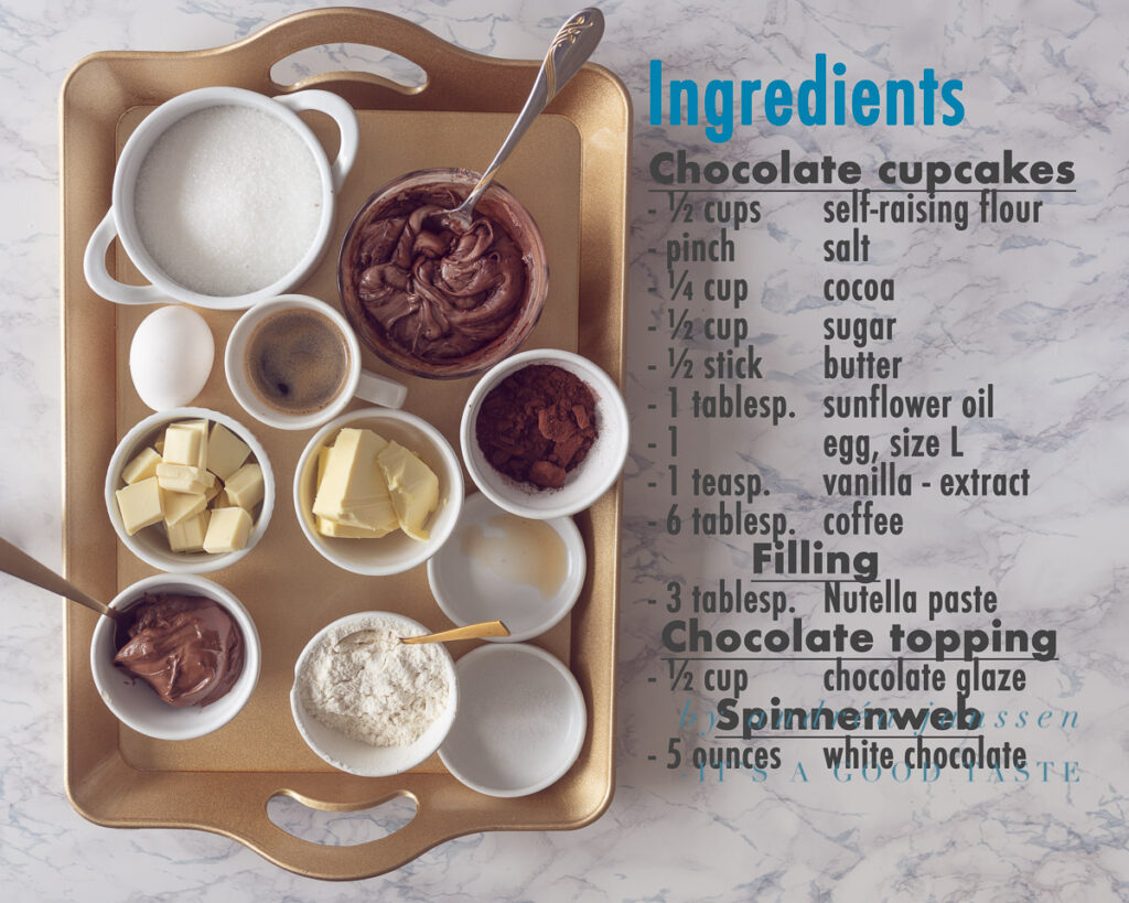 Ingredients Halloween recipe Nutella chocolate cupcakes with spiderwebs