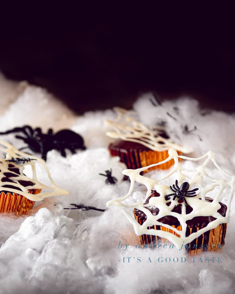 Halloween recipe Nutella chocolate cupcakes with spiderwebs