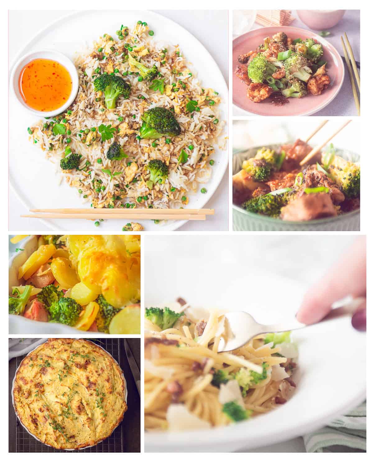An aerial photo with a collage of 6 photos with broccoli meals