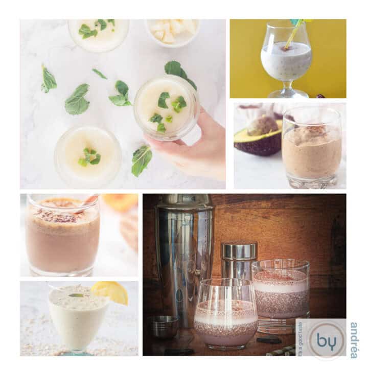 A square photo with a collage of 6 coconut smoothies