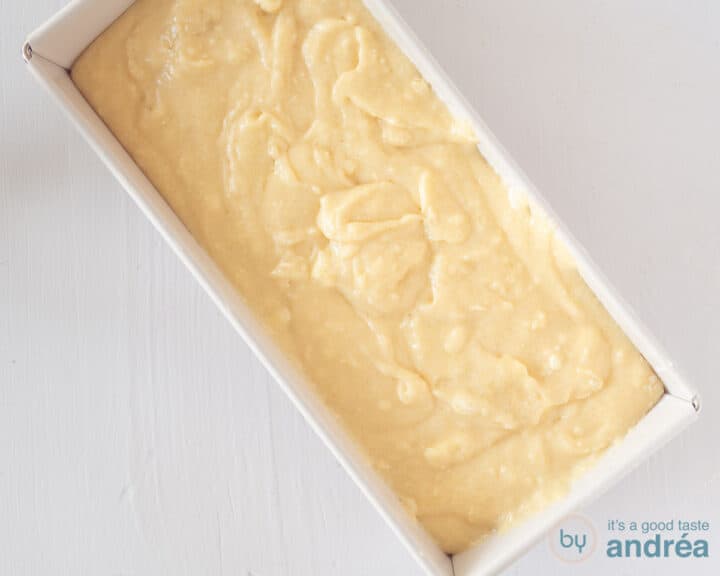 Batter for a cake with cream cheese in a 10 inch cake tin.