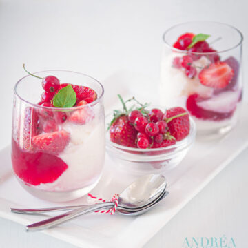two glasses frozen yogurt with jam and red currants (and a bowl of red currants)