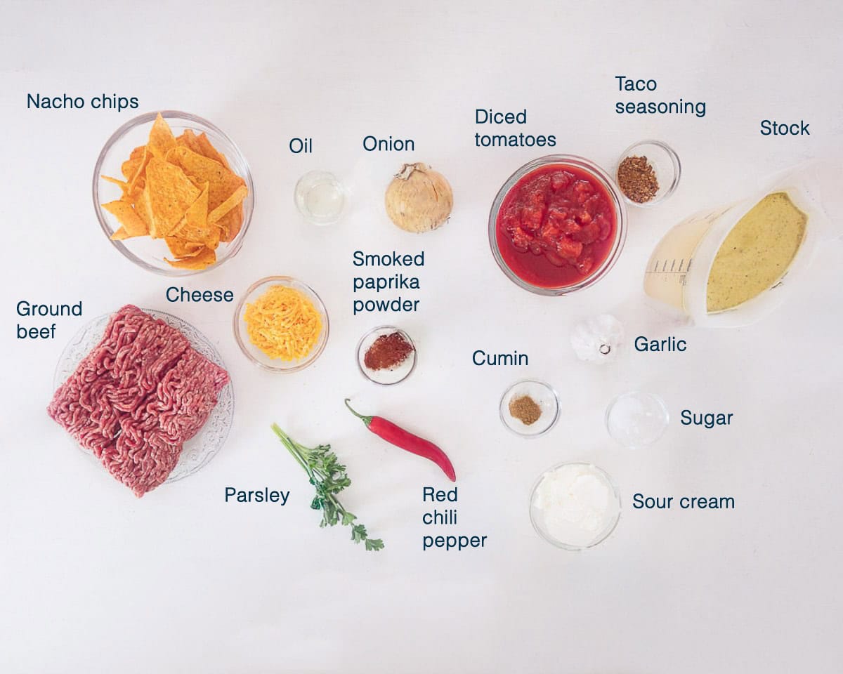 Ingredients Cheesy Nacho Casserole With Ground Beef on a white background with text description