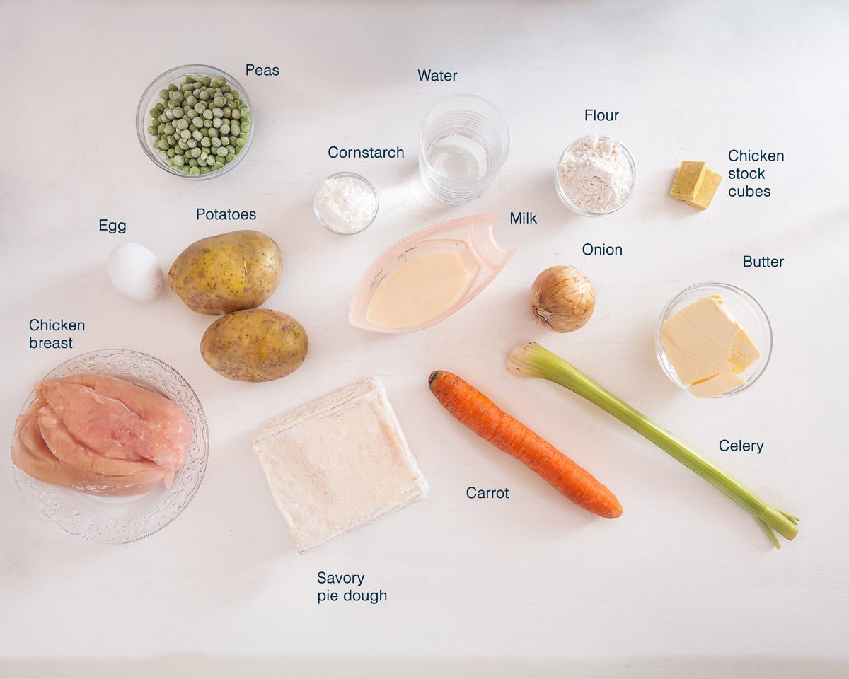 Ingredients Chicken Pot Pie Muffins on a white background with text description