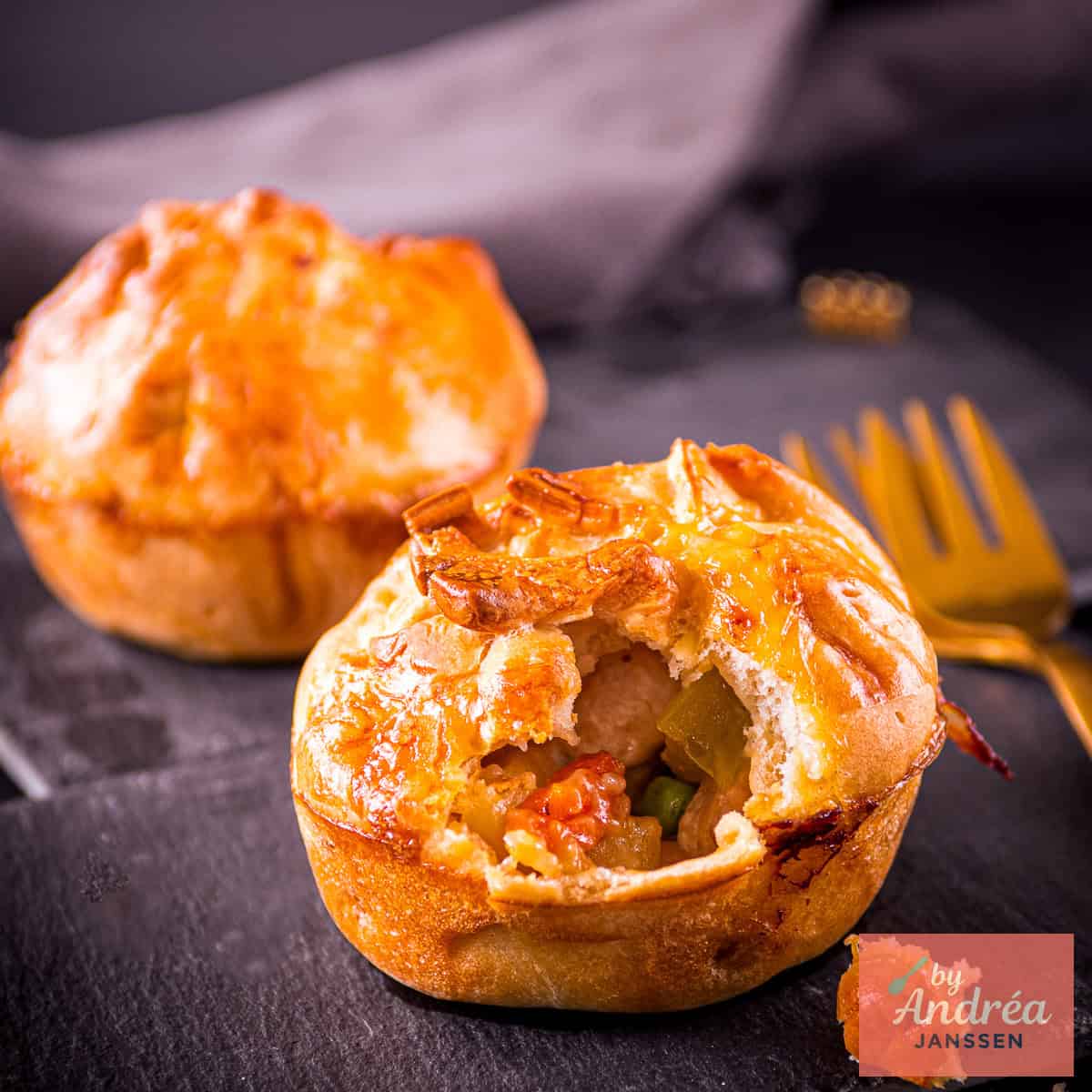 A square picture with two chicken pot pies on a stone.