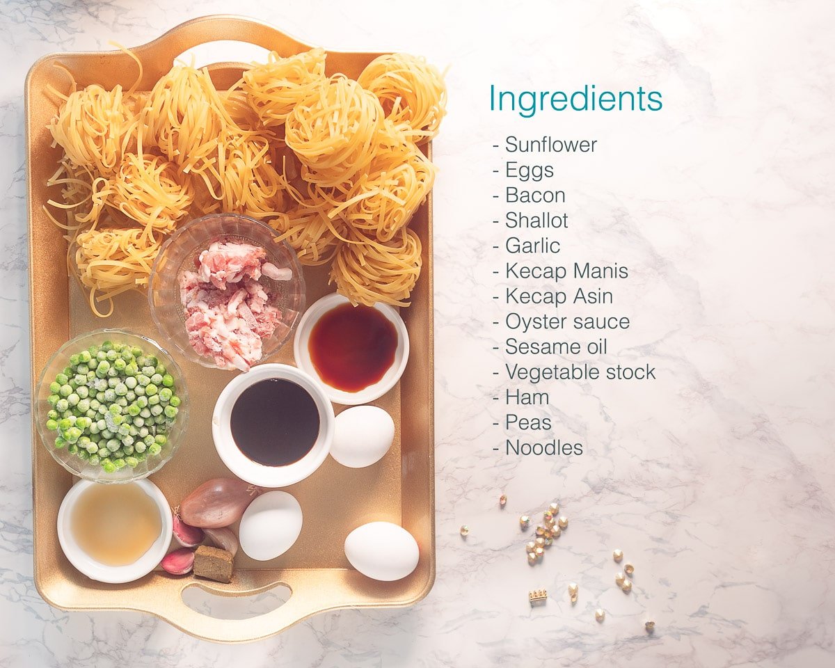 Ingredients Dutch Bami Goreng with Egg and Ham on a gold tray and on the right a marble background with a text overlay with ingredients