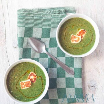 bok choy and kale spinach soup with Halloumi