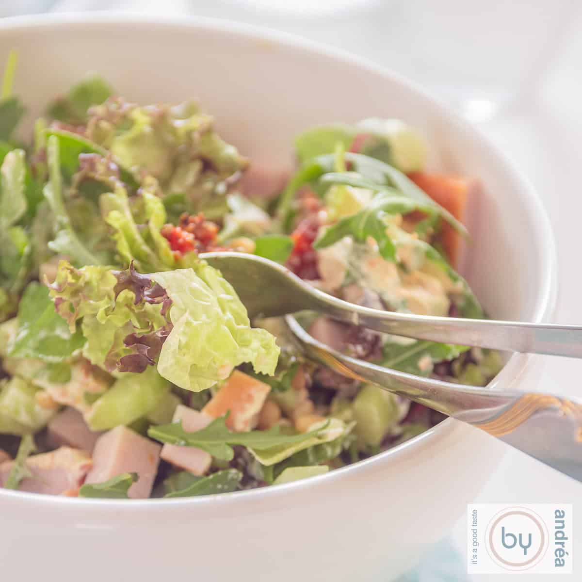 A square photo of a white bowl with green salad, smoked chicken and sun-dried tomatoes.